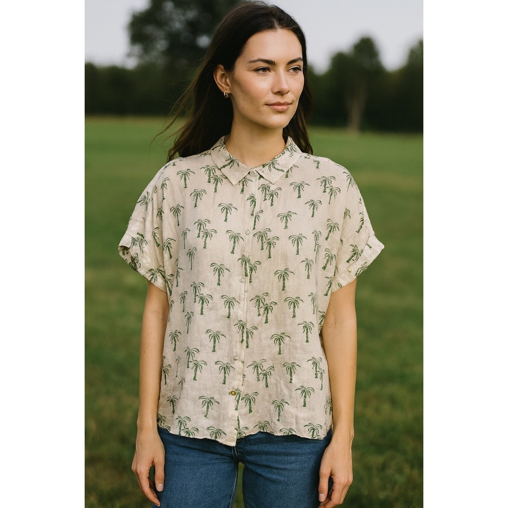 C & C linen blouse sz medium palm trees sustainable breathable ivory‎ vintage